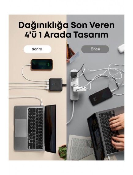 Anker 543 Atom III, 4 Bağlantı Noktalı, İnce, 65W Hızlı USB-C Şarj Cihazı, Siyah - A2046