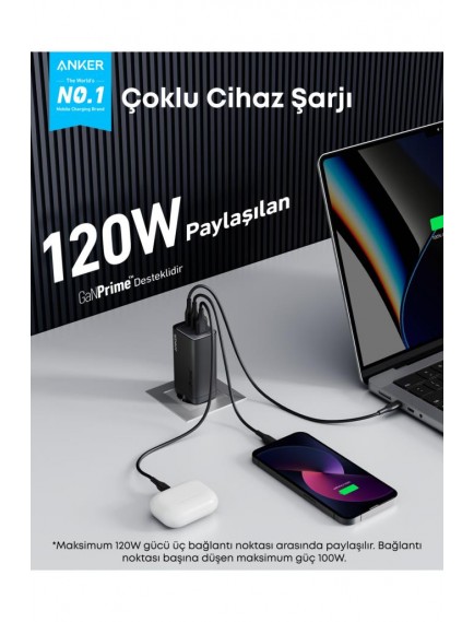 Anker Prime 737, 120W Şarj Cihazı, 3 Bağlantı Noktalı, GaN Prime Teknolojisi, 120W, Siyah - A2148