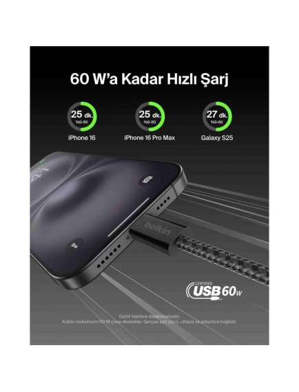 Belkin 60W Örgülü Usb-C Kablo 1.5 Metre Ikili Paket