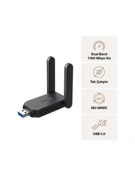Mercusys MA32H, AC1300 Mbps, Çift Bant, USB 3.0, Yüksek Çekim Güçlü Wi-Fi 5 USB Adaptör