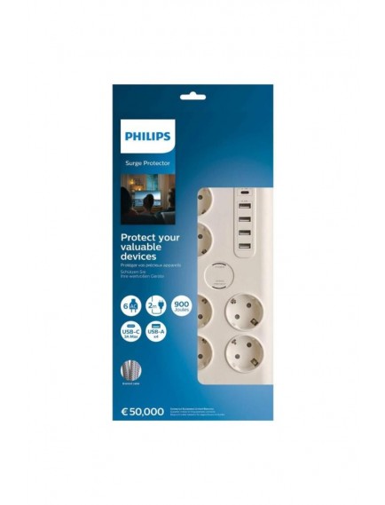 Philips SPN7060WA/62 6'lı Akım Korumalı & 5 USB Girişli Prız 900J 2 M 1 x Type C - 4 x Type A SPN7060WA/62